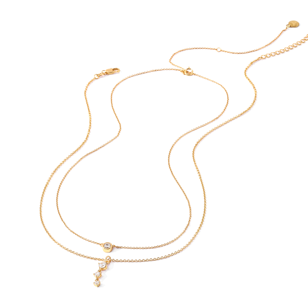 Classic Bezel Solitaire & Three Stone Drop Necklace Bundle - Gold