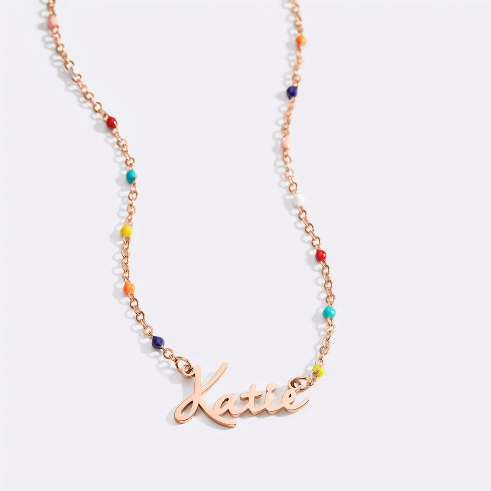 Colorful Beaded Fairy Name Necklace - 18k Rose Gold Plated