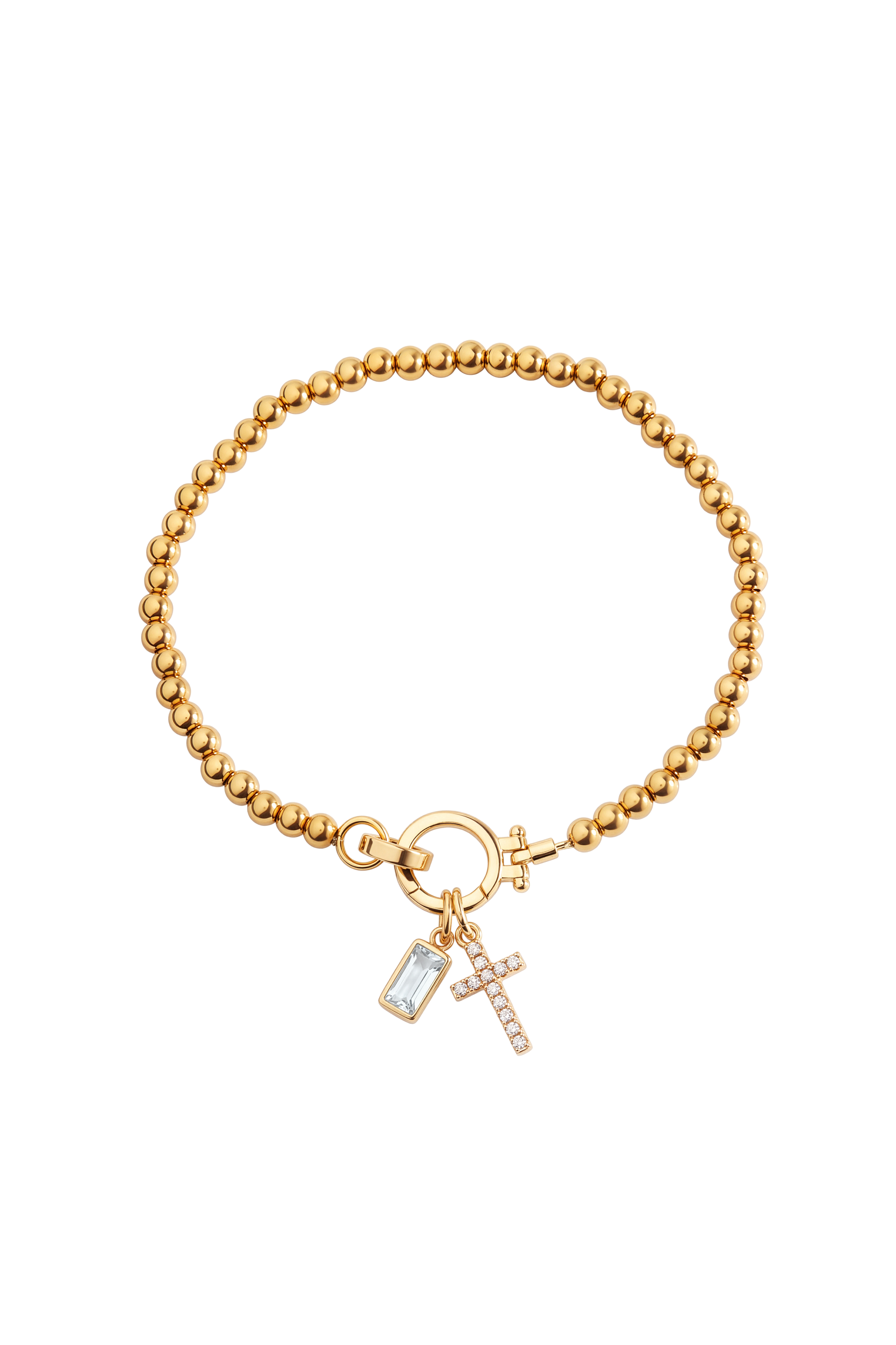 Cross Charm Birthstone Bracelet with gold beaded chain, cross charm and April diamond-look crystal birthstone charm on a white background.