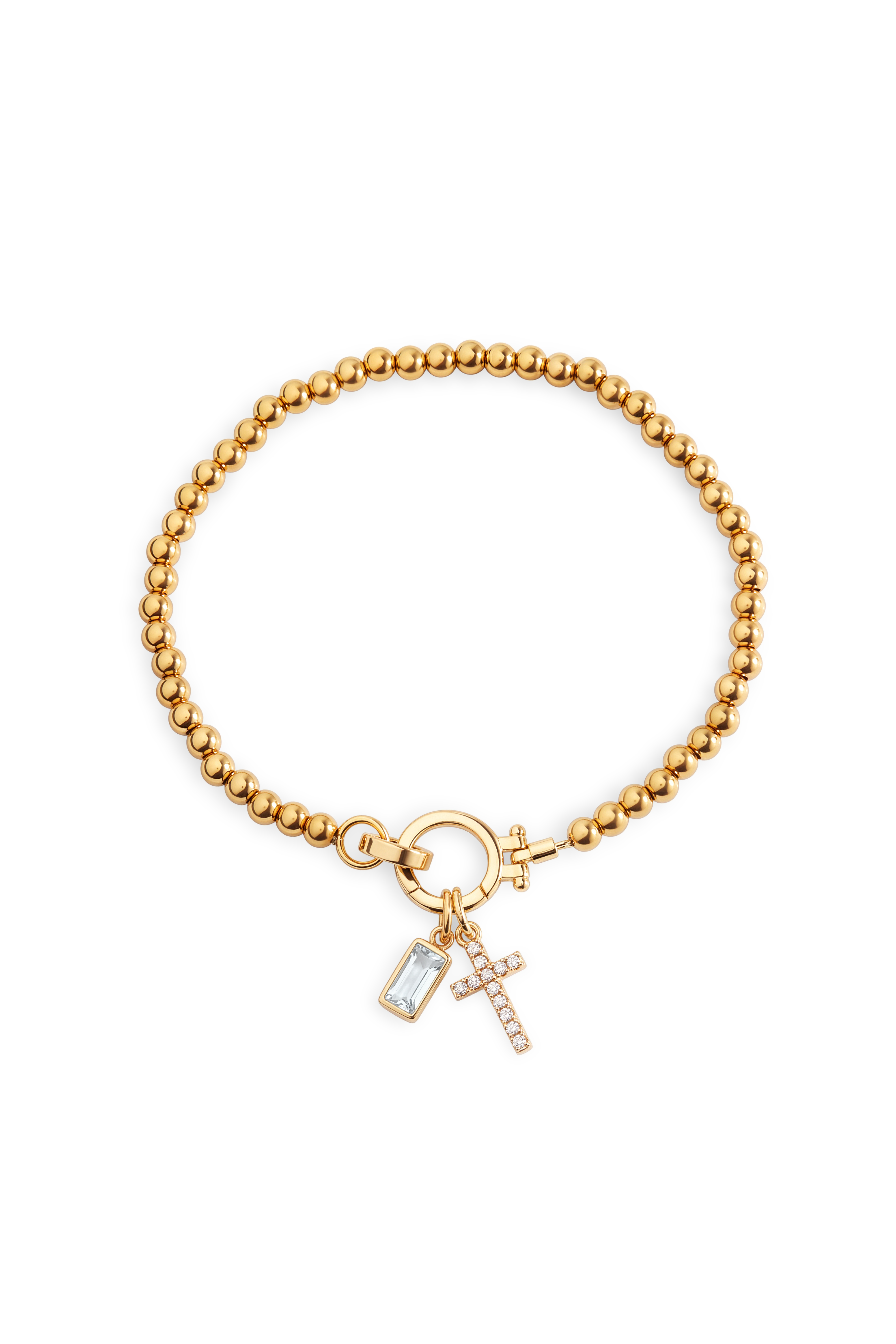 Cross Charm Birthstone Bracelet with gold beaded chain, cross charm and April diamond-look crystal birthstone charm on a white background.