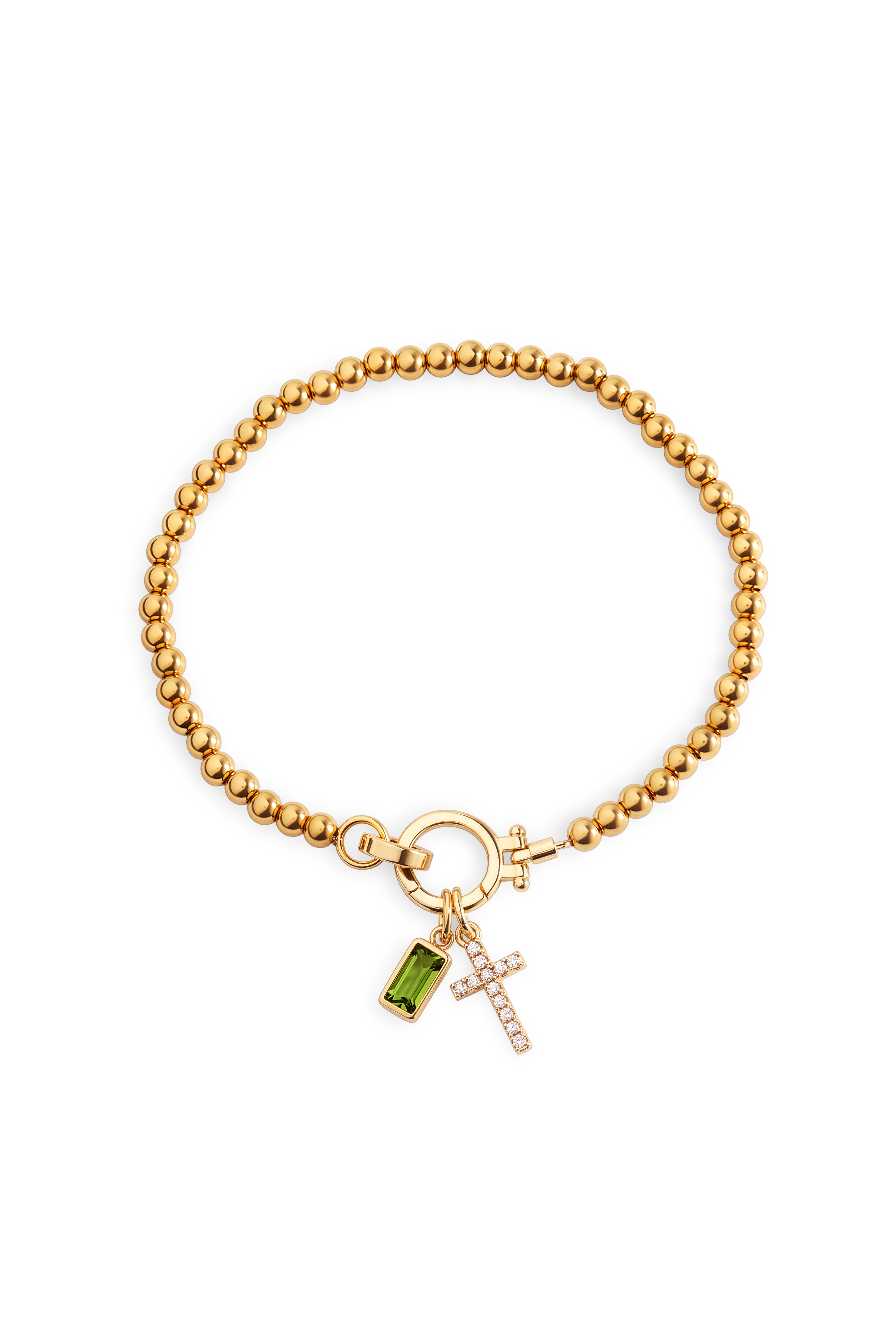 Cross Charm Birthstone Bracelet with gold beaded chain, cross charm and August peridot birthstone charm on a white background.