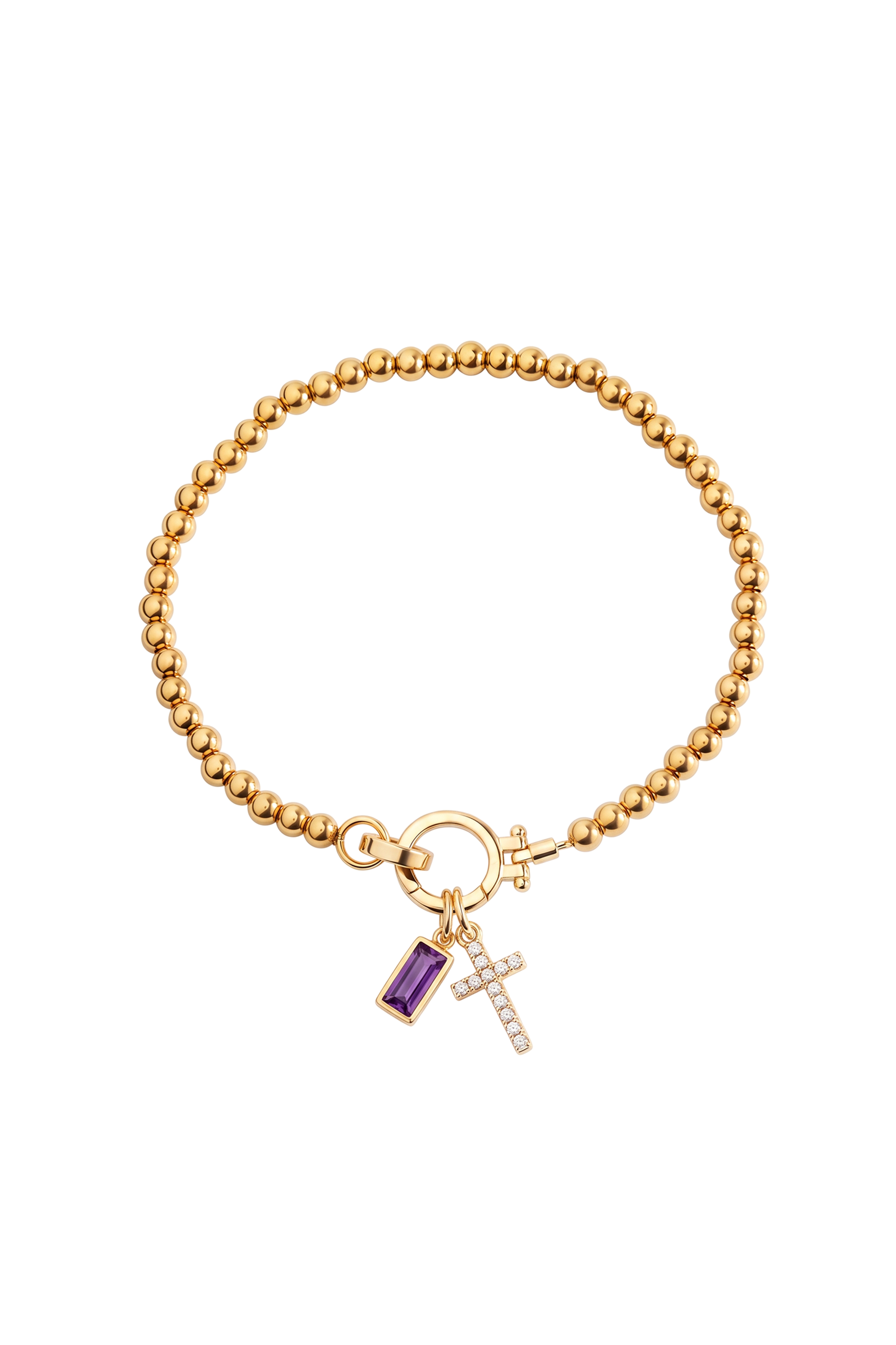 Cross Charm Birthstone Bracelet with gold beaded chain, cross charm and February amethyst birthstone charm on a white background.
