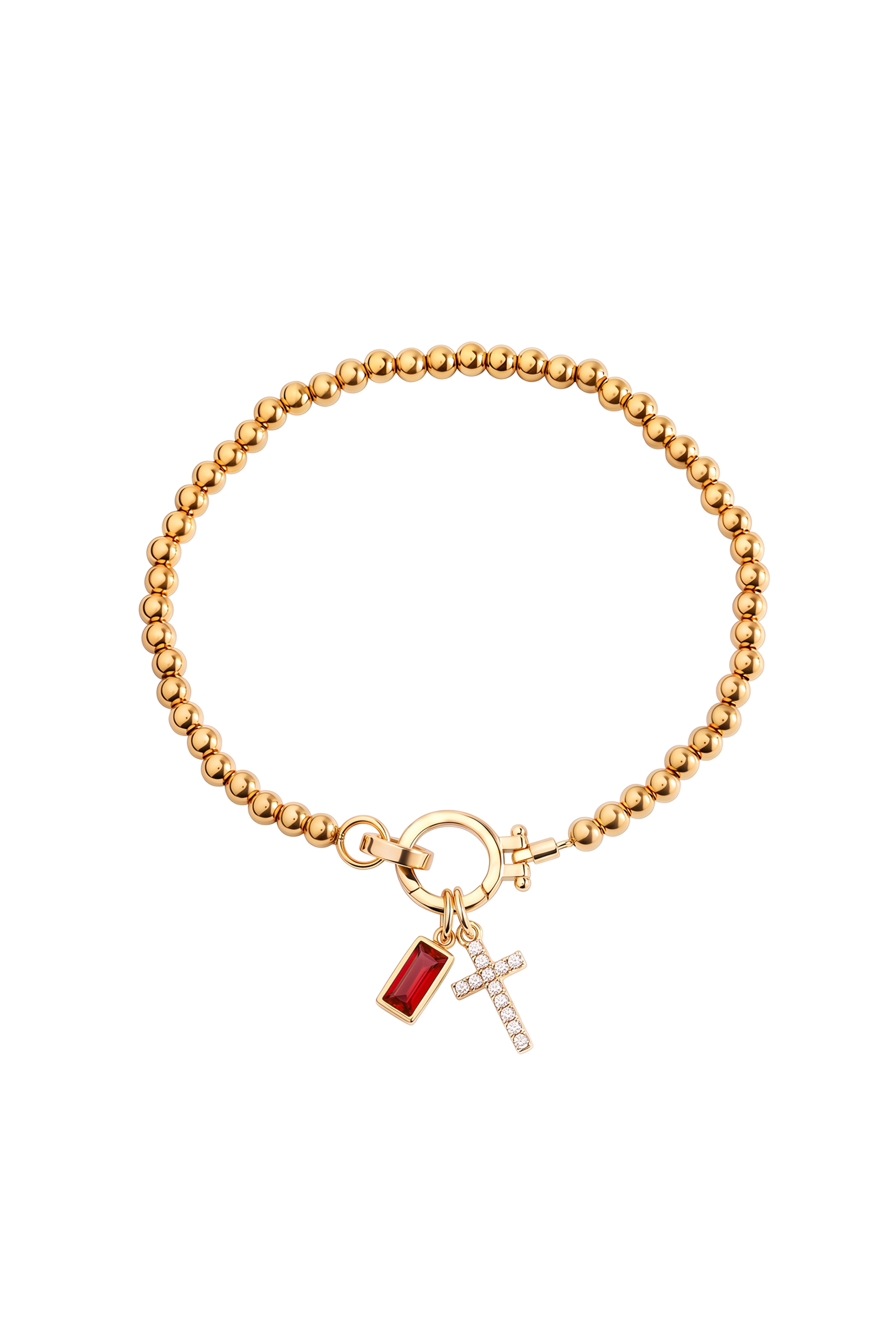Cross Charm Birthstone Bracelet with gold beaded chain, cross charm and January garnet birthstone charm on a white background.