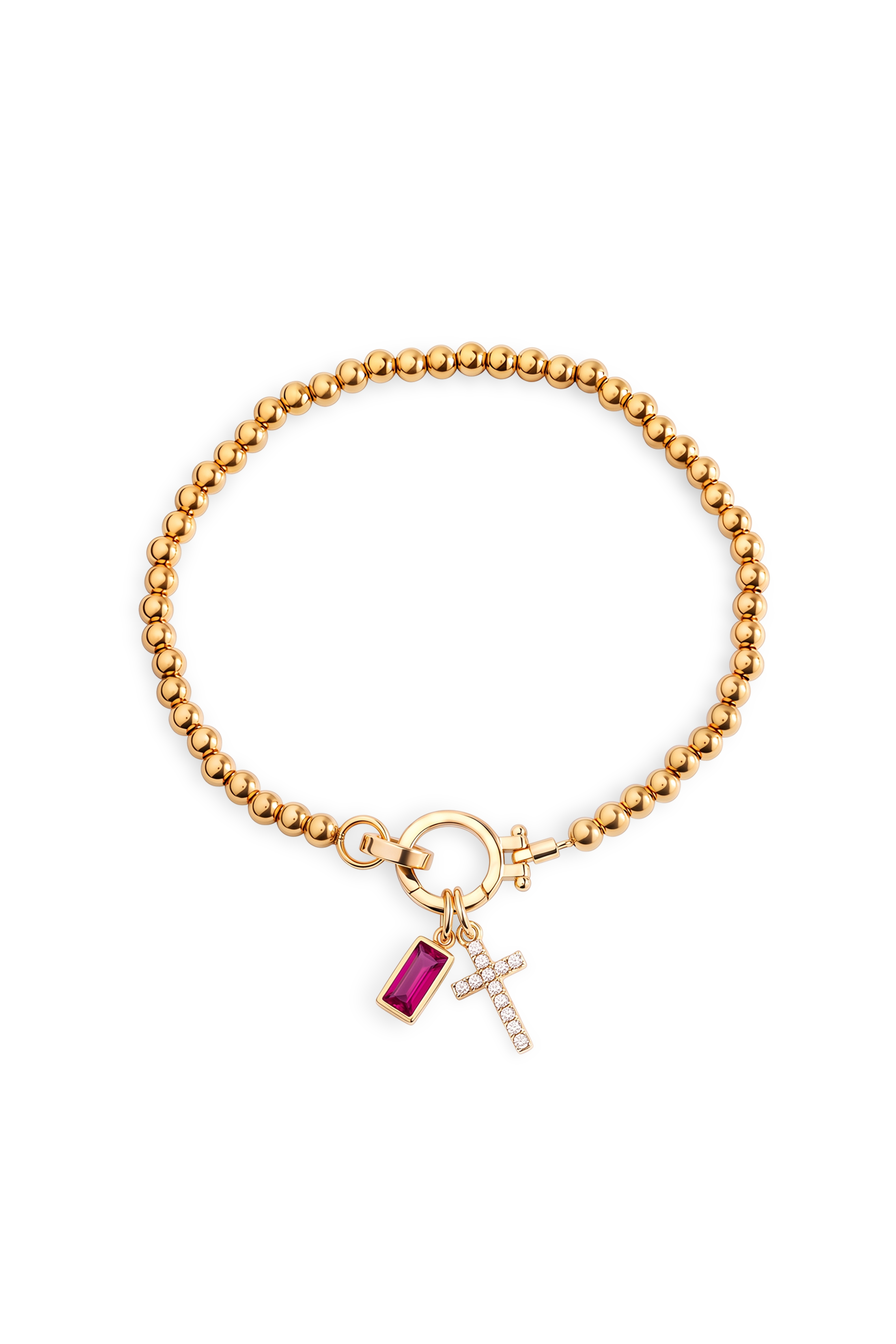 Cross Charm Birthstone Bracelet with gold beaded chain, cross charm and July ruby birthstone charm on a white background.