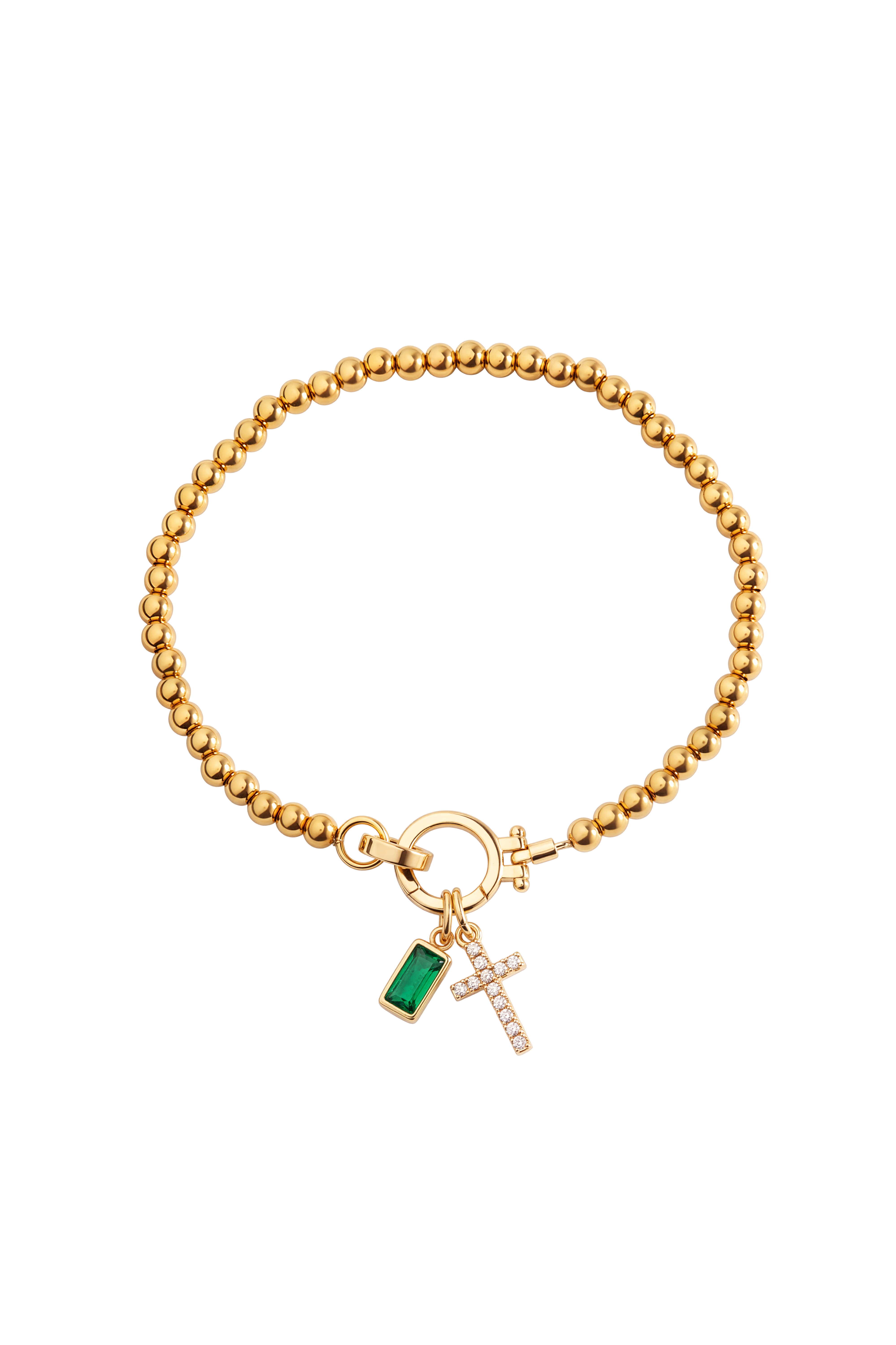 Cross Charm Birthstone Bracelet with gold beaded chain, cross charm and May emerald birthstone charm on a white background.