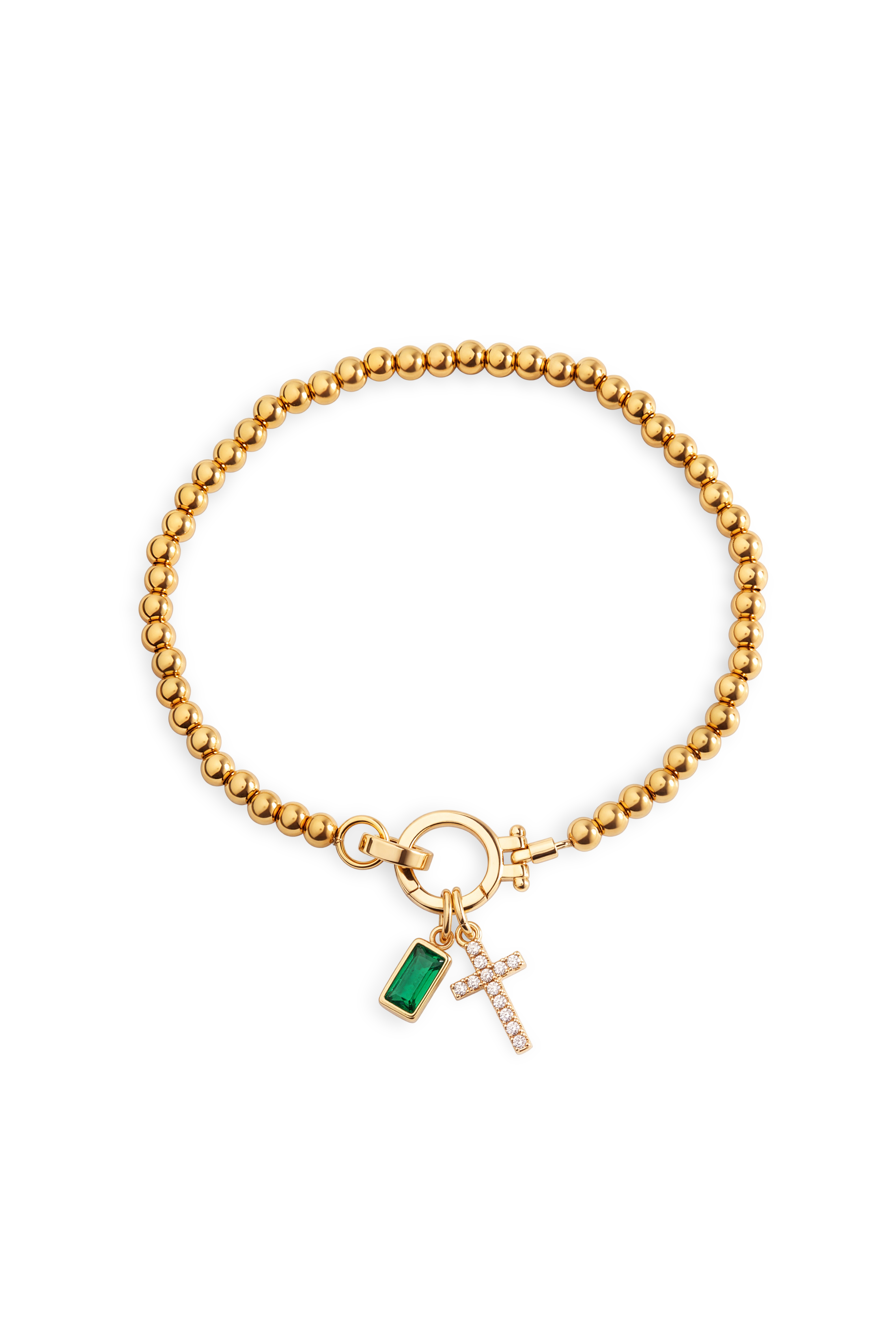 Cross Charm Birthstone Bracelet with gold beaded chain, cross charm and May emerald birthstone charm on a white background.