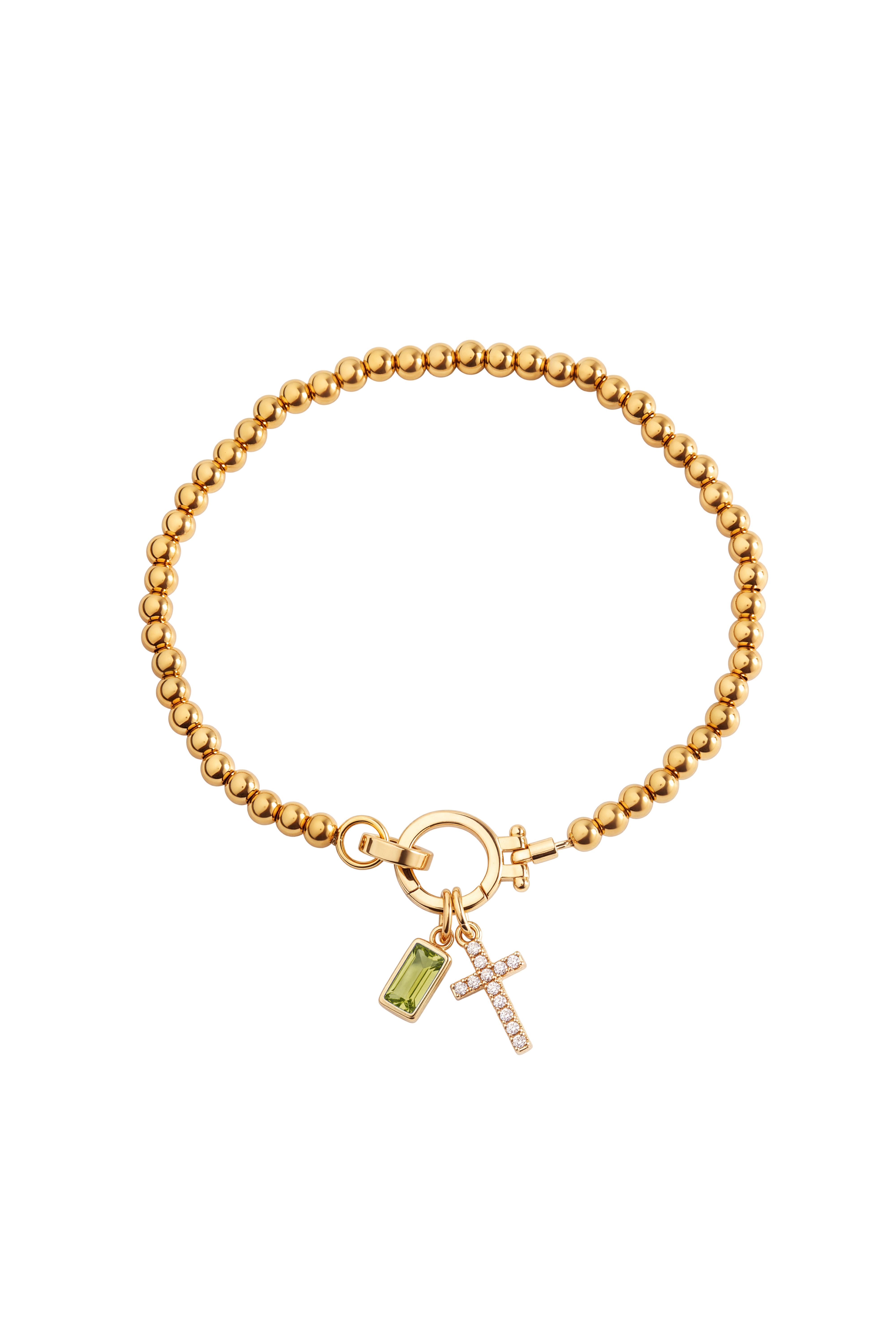 Cross Charm Birthstone Bracelet with gold beaded chain, cross charm and November citrine birthstone charm on a white background.