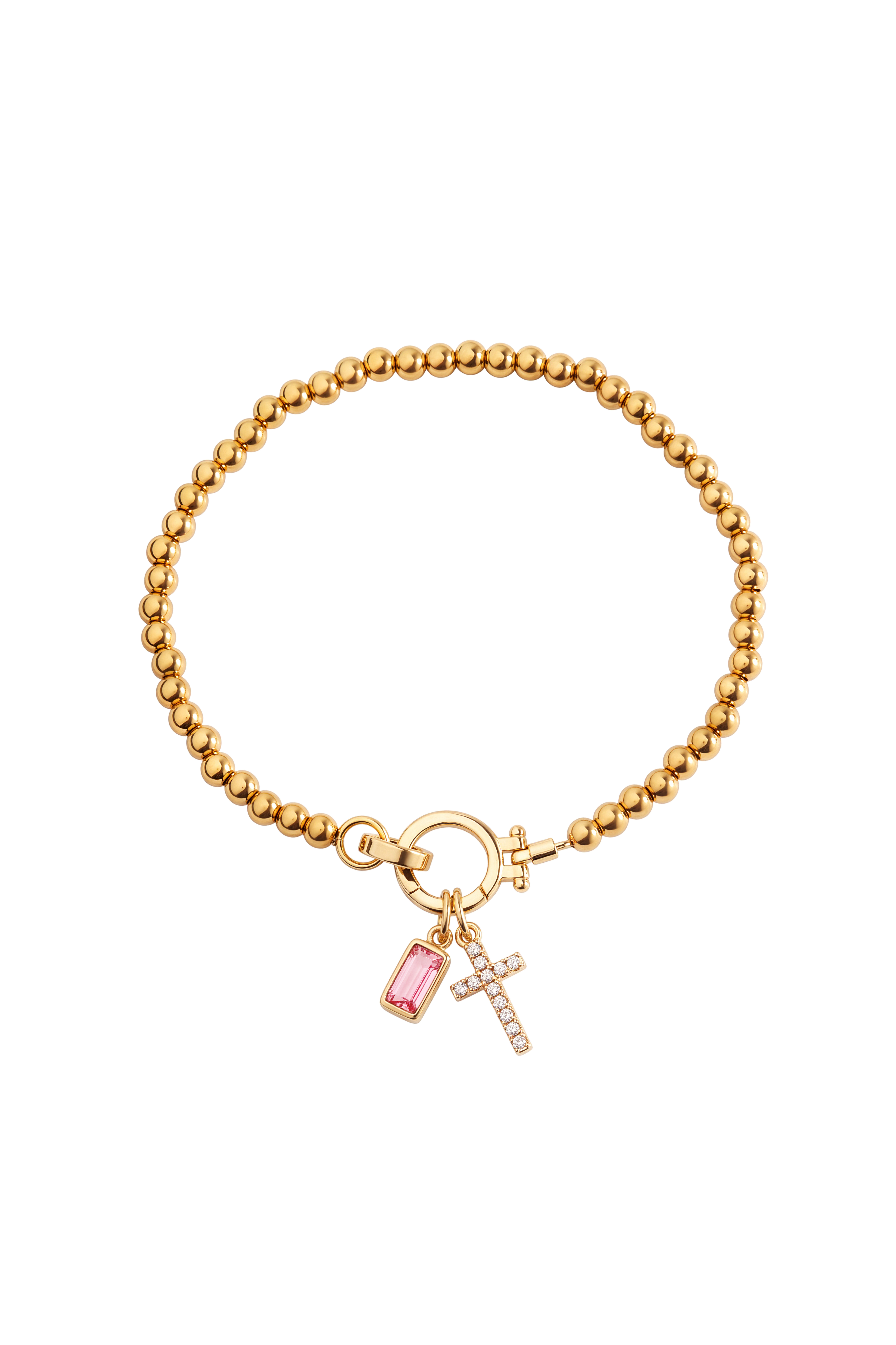 Cross Charm Birthstone Bracelet with gold beaded chain, cross charm and October pink tourmaline birthstone charm on a white background.