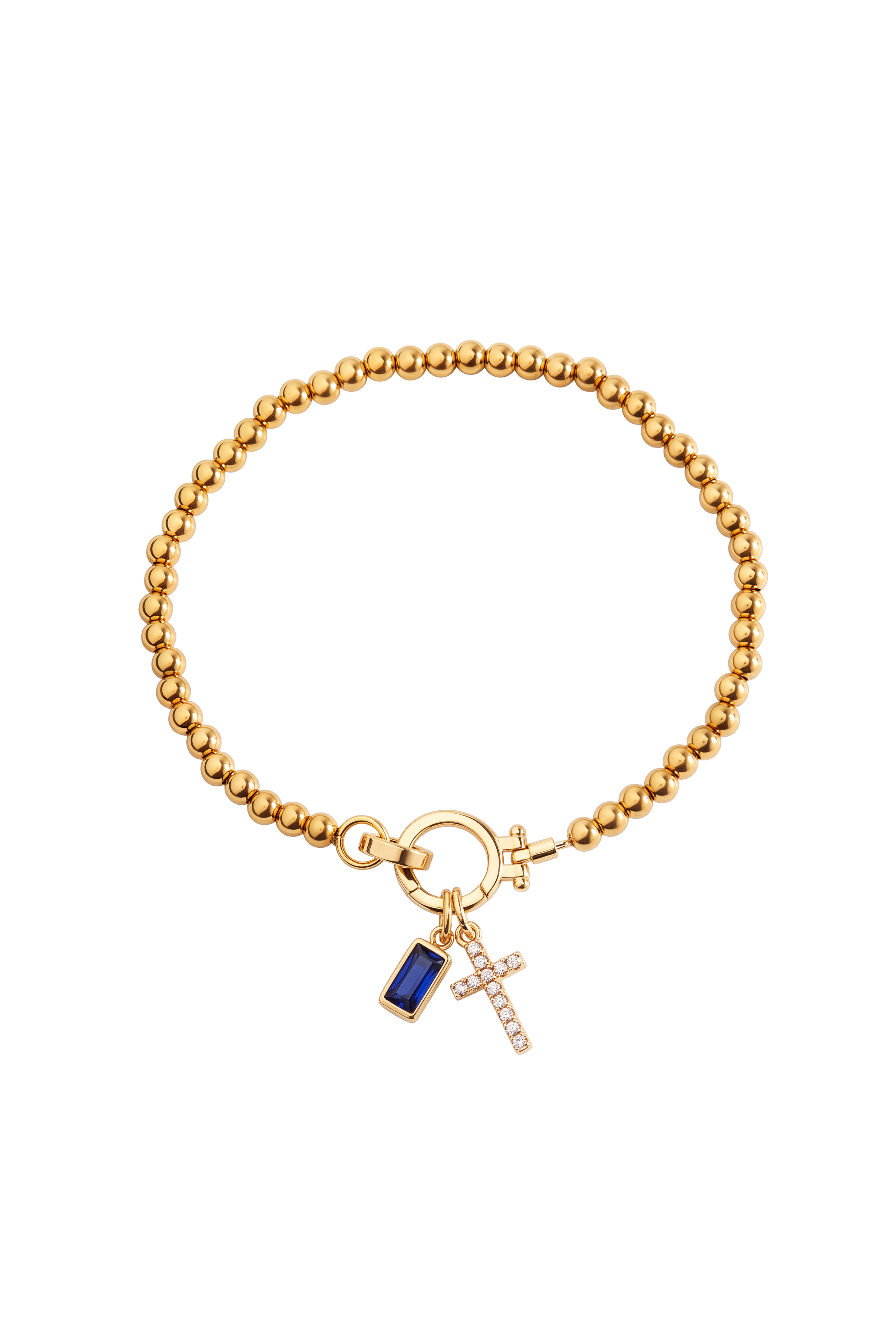 Cross Charm Birthstone Bracelet with gold beaded chain, cross charm and September sapphire birthstone charm on a white background.