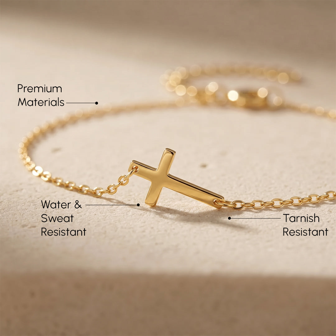 Gold cross necklace on a beige background with text highlighting features.