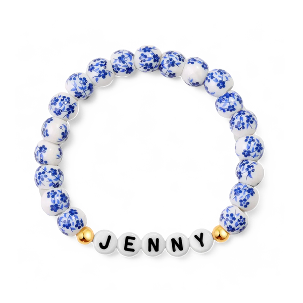 Custom Name Blue Porcelain Floral Beaded Bracelet – Mint & Lily