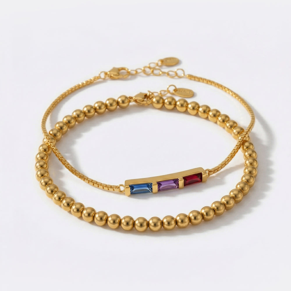 Dainty Baguette Birthstone Bracelet and Beaded Stacking Bracelet Set - 7" / 1