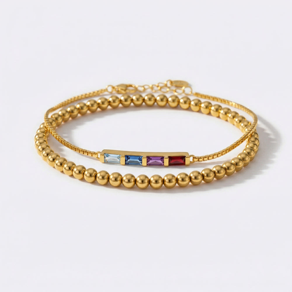 Dainty Baguette Birthstone Bracelet and Beaded Stacking Bracelet Set - 7" / 1