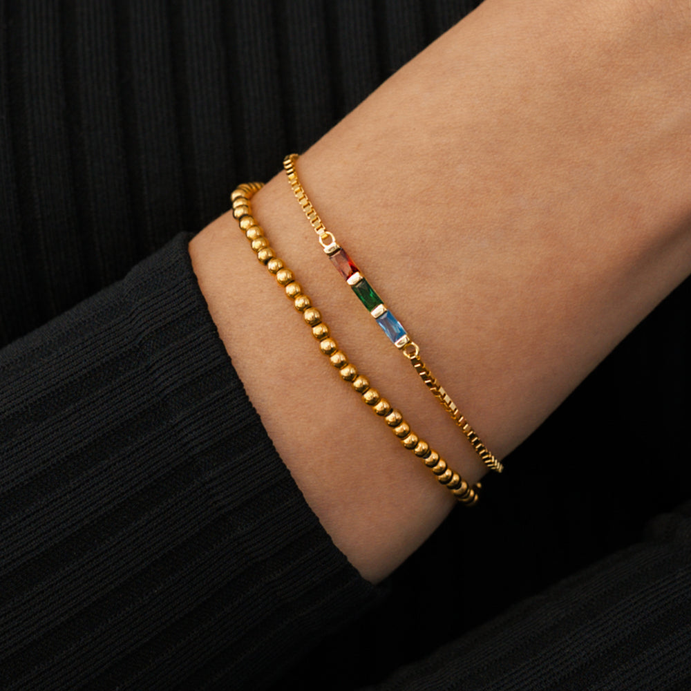 Dainty Baguette Birthstone Bracelet and Beaded Stacking Bracelet Set - 7" / 1