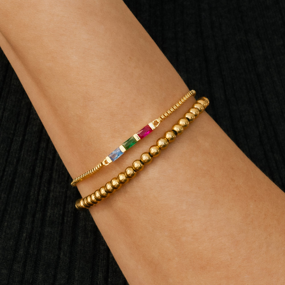 Dainty Baguette Birthstone Bracelet and Beaded Stacking Bracelet Set - 7" / 1