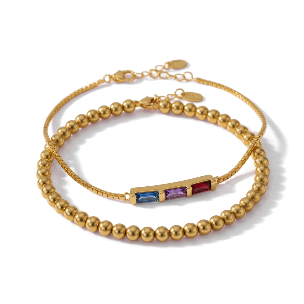 Dainty Baguette Birthstone Bracelet and Beaded Stacking Bracelet Set - 7" / 1