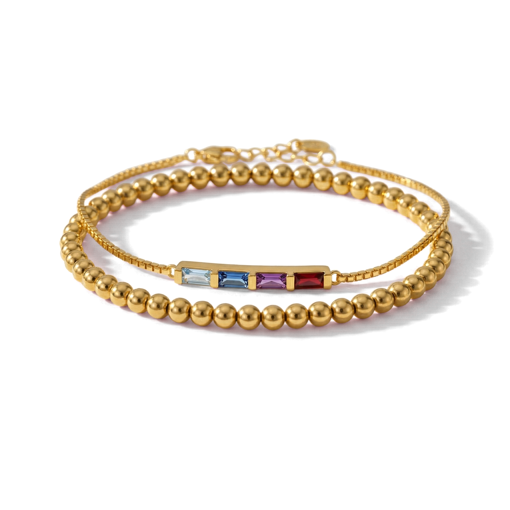 Dainty Baguette Birthstone Bracelet and Beaded Stacking Bracelet Set - 7" / 1