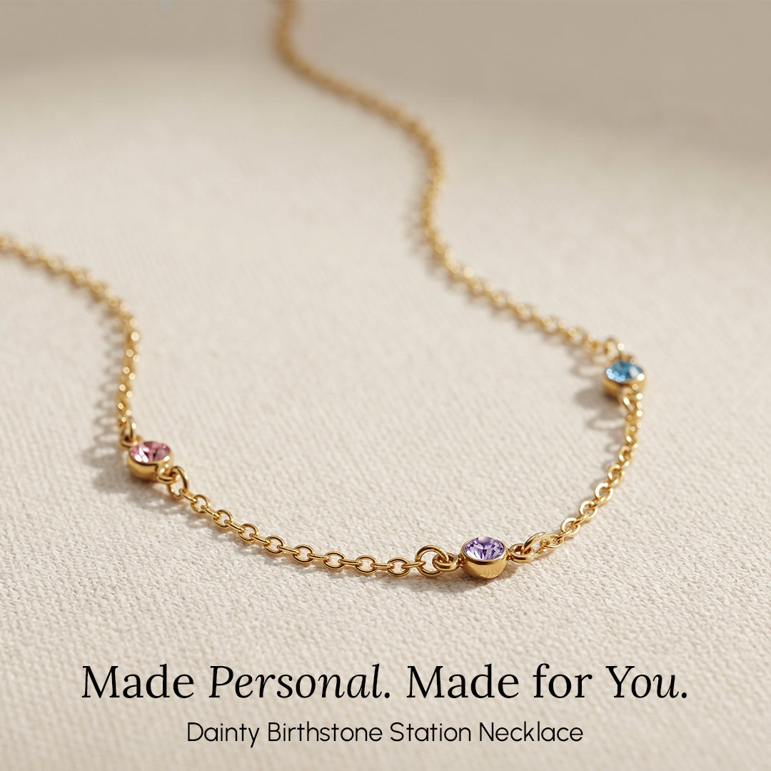 Dainty birthstone station necklace on a beige background with text 'Made Personal. Made for You.'