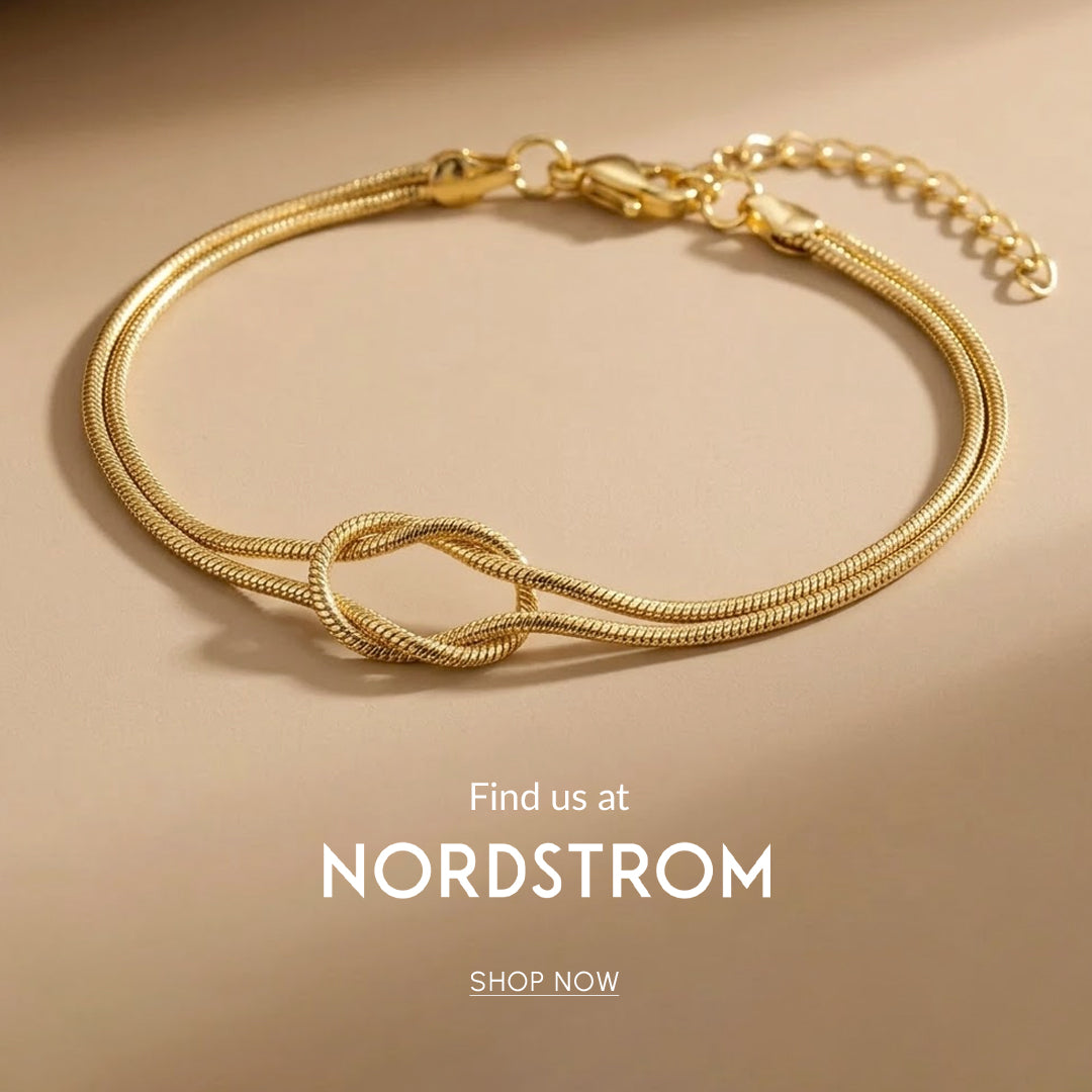 Gold bracelet with a knot design on a beige background, featuring Nordstrom branding.