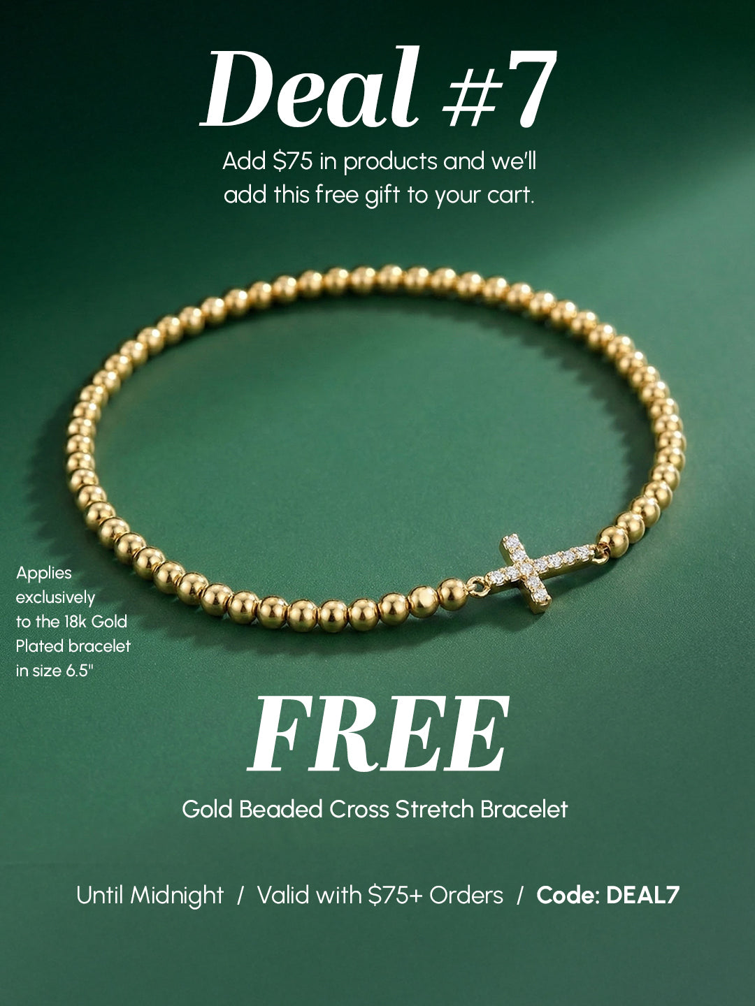 Gold beaded cross stretch bracelet on a green background with promotional text.