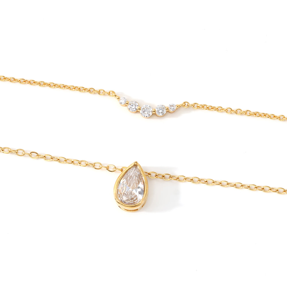 Diamond Teardrop & Mini Arc Necklace Stack - Gold / 16" + 2"
