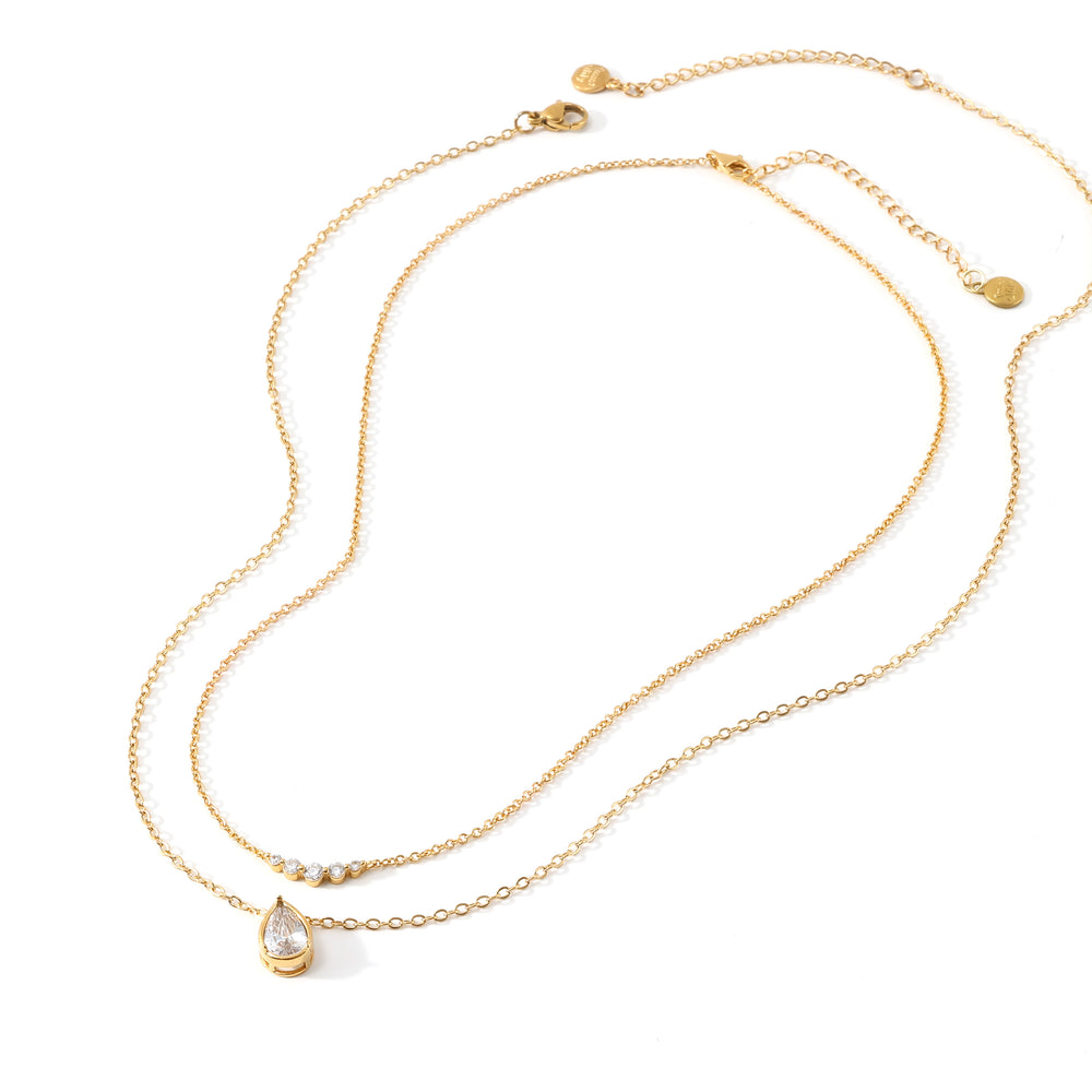 Diamond Teardrop & Mini Arc Necklace Stack - Gold / 16" + 2"