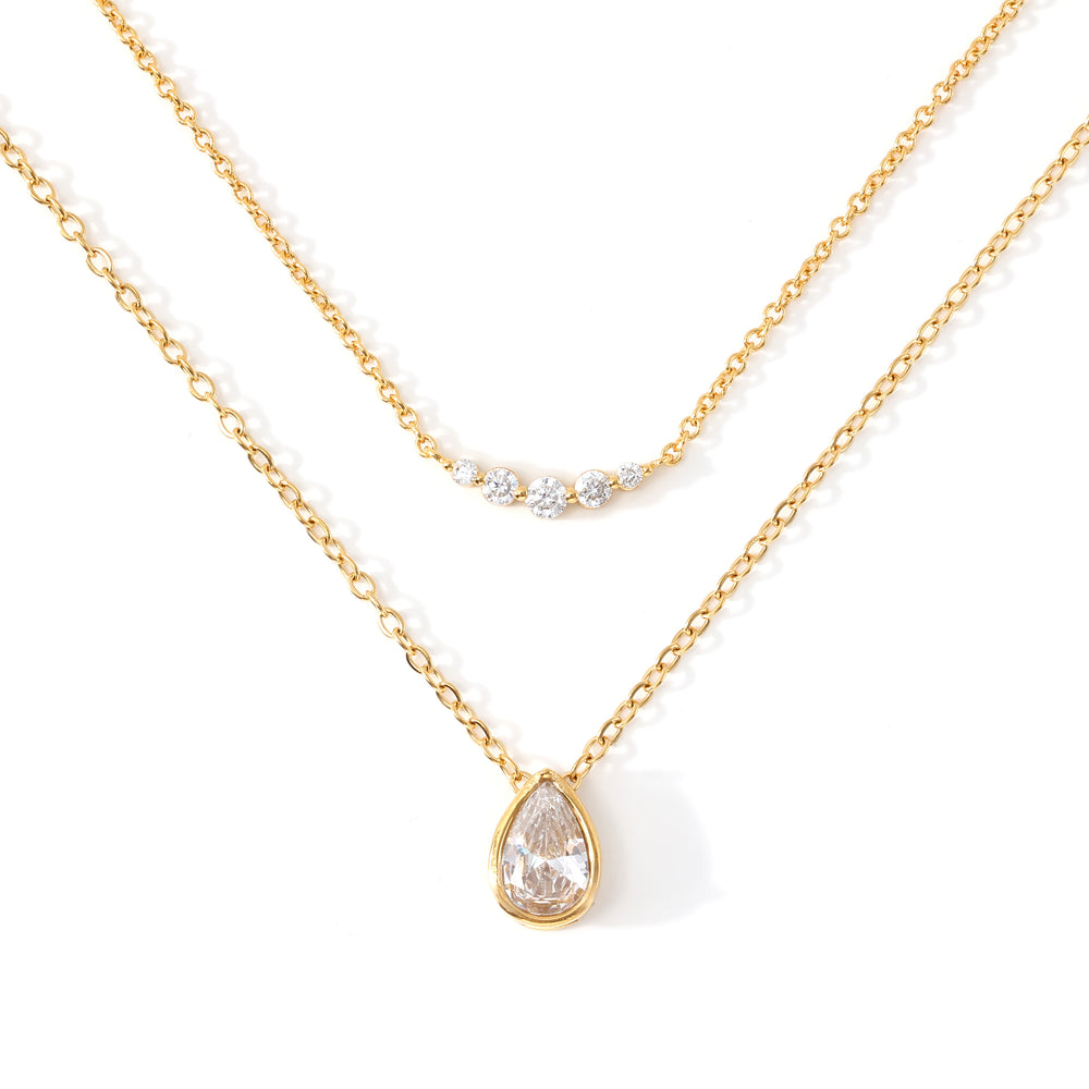 Diamond Teardrop & Mini Arc Necklace Stack - Gold / 16" + 2"