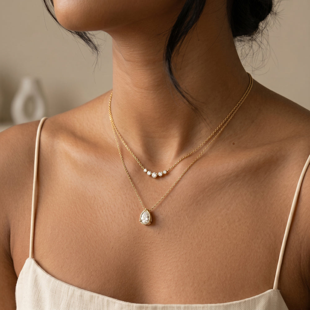 Diamond Teardrop & Mini Arc Necklace Stack - Gold / 16" + 2"