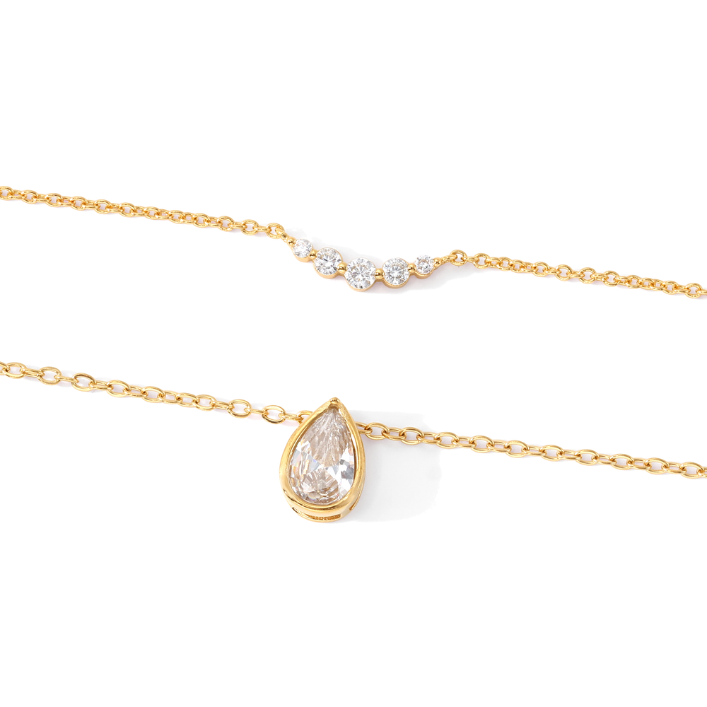 Diamond Teardrop & Mini Arc Necklace Stack - 18k Gold Plated / 16" + 2"