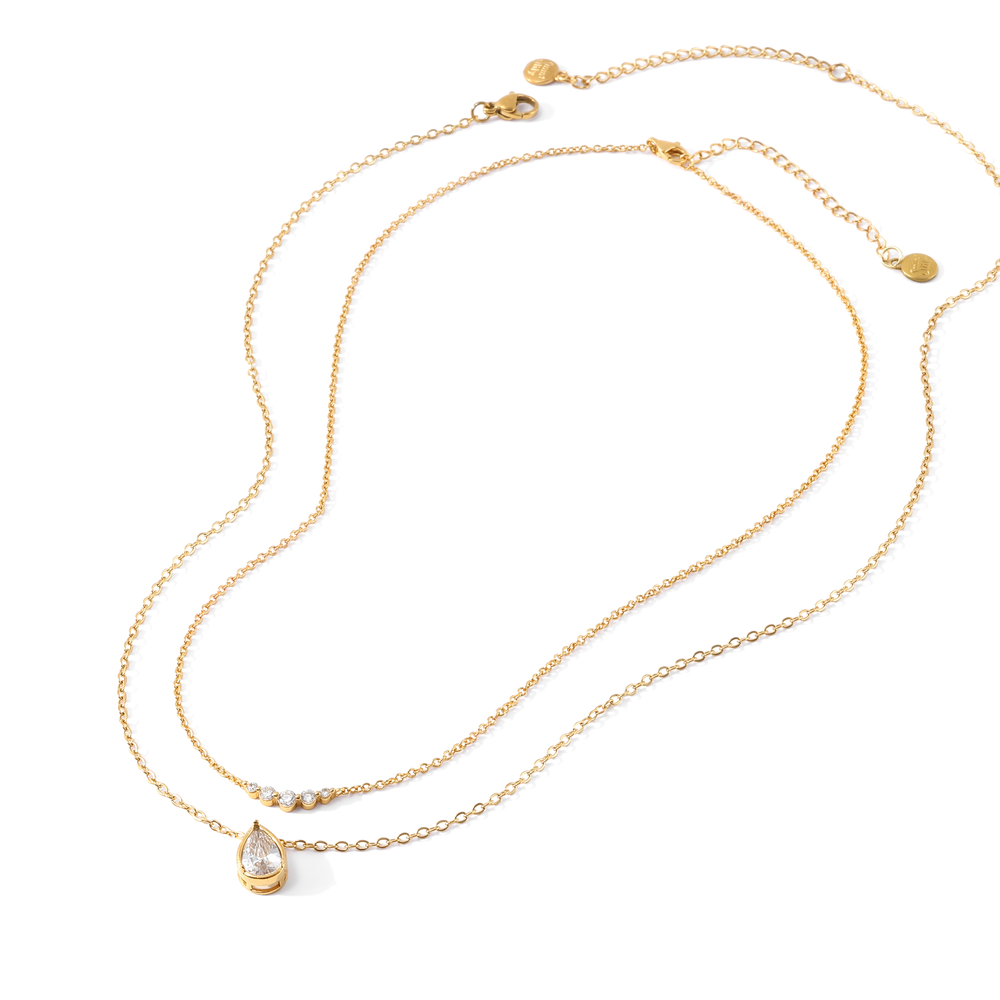 Diamond Teardrop & Mini Arc Necklace Stack - 18k Gold Plated / 16" + 2"