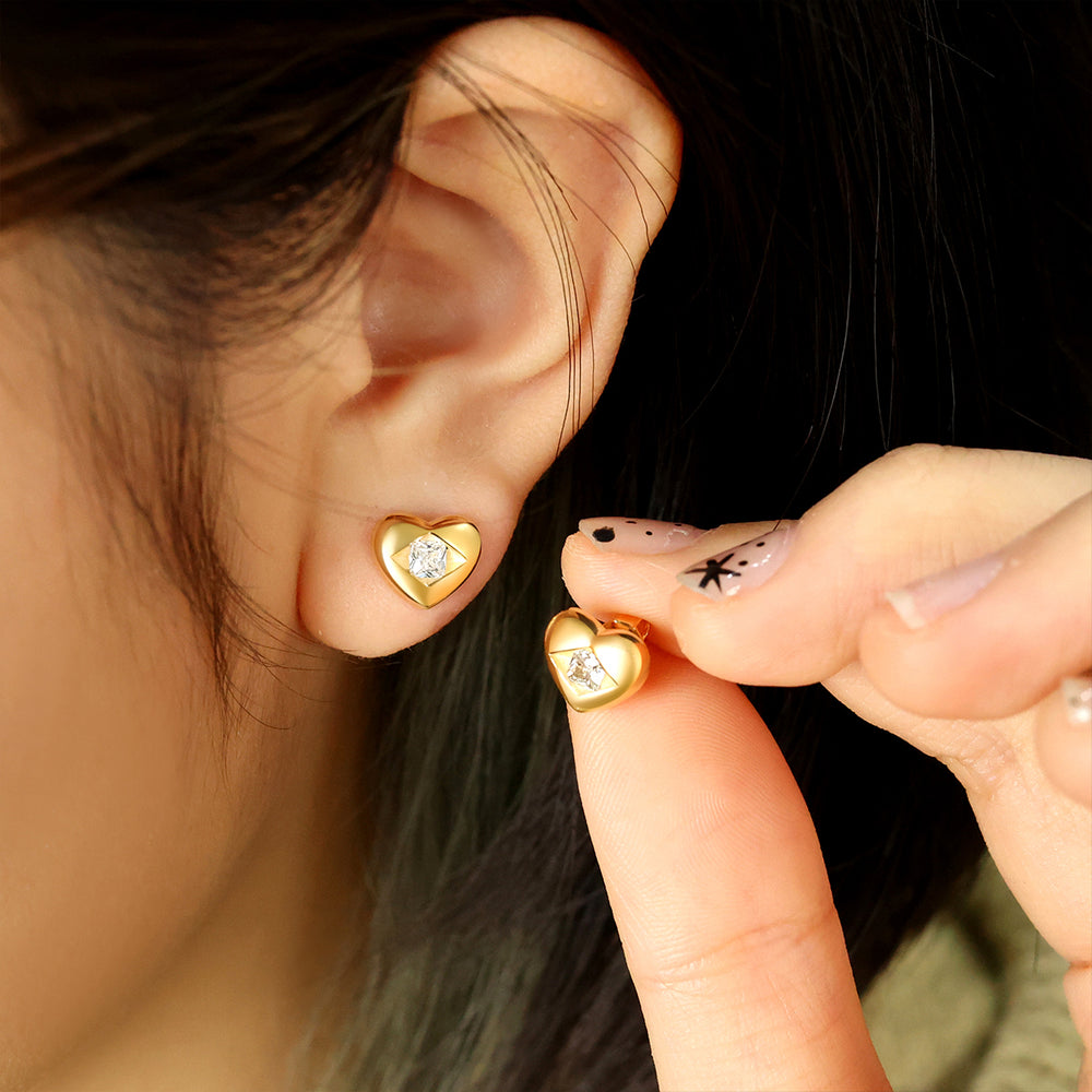 Diamond Heart Stud Earrings - 18k Gold Over Sterling Silver