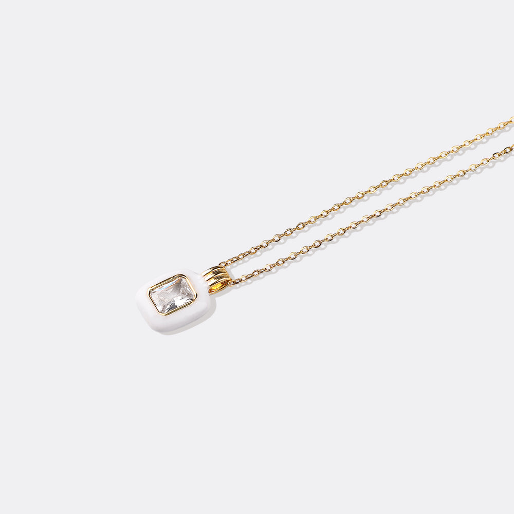 Emerald Cut Gemstone & Enamel Pendant Necklace - 18k Gold Plated / White