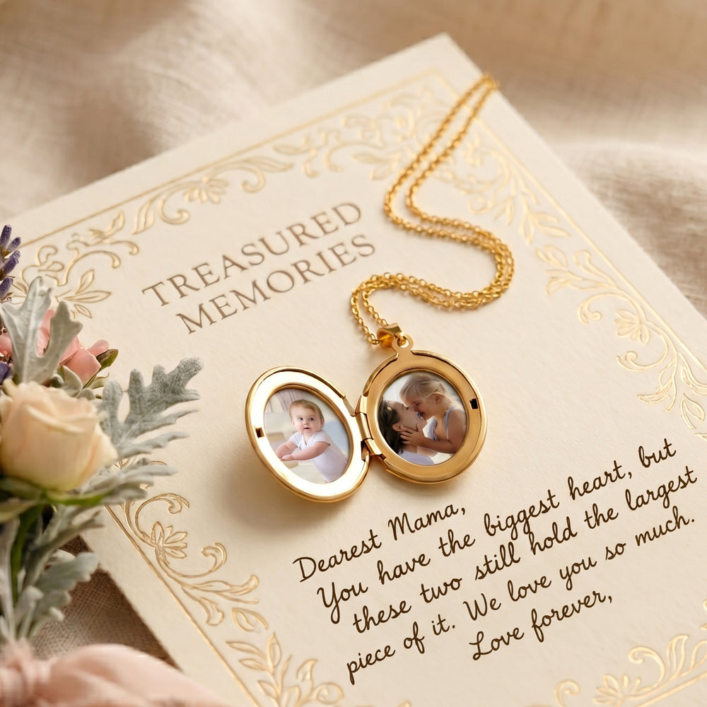 Engraved Oval Photo Locket Necklace - Gold