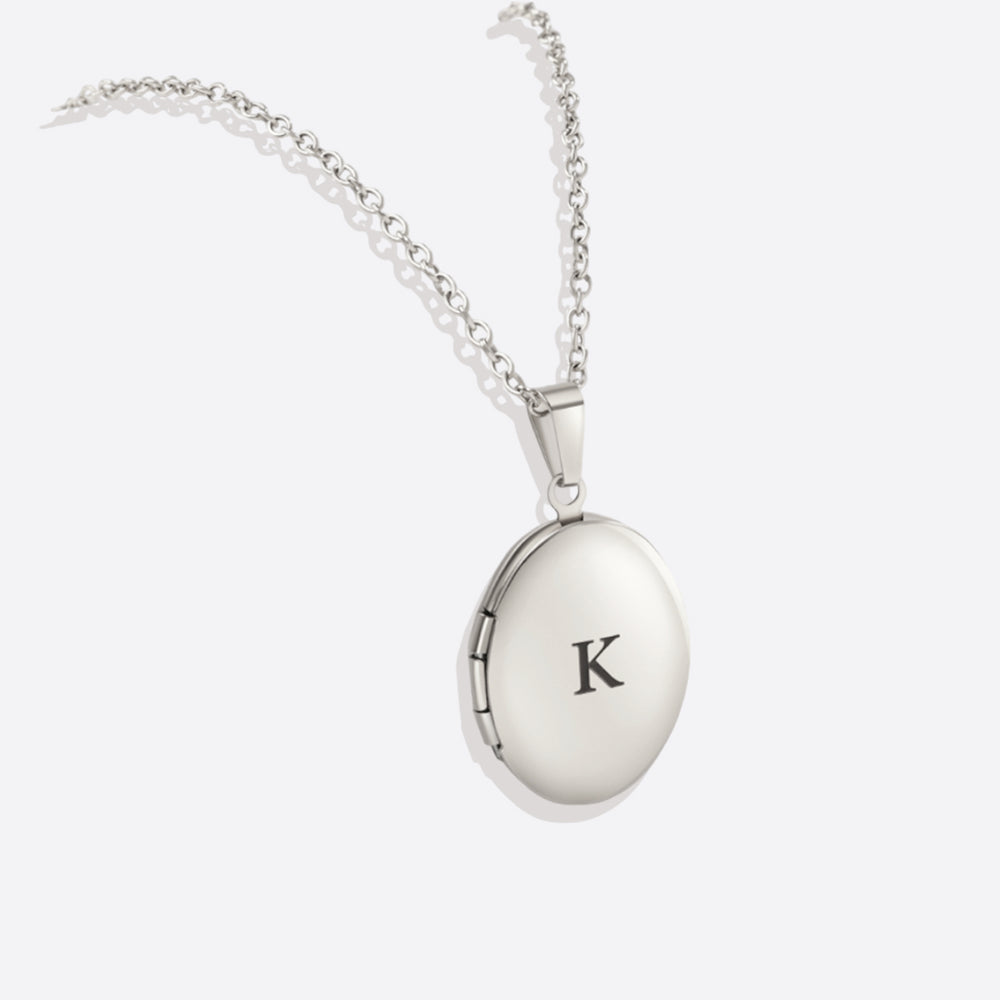 Engraved Oval Photo Locket Necklace - Silver