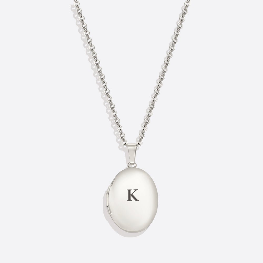 Engraved Oval Photo Locket Necklace - Silver