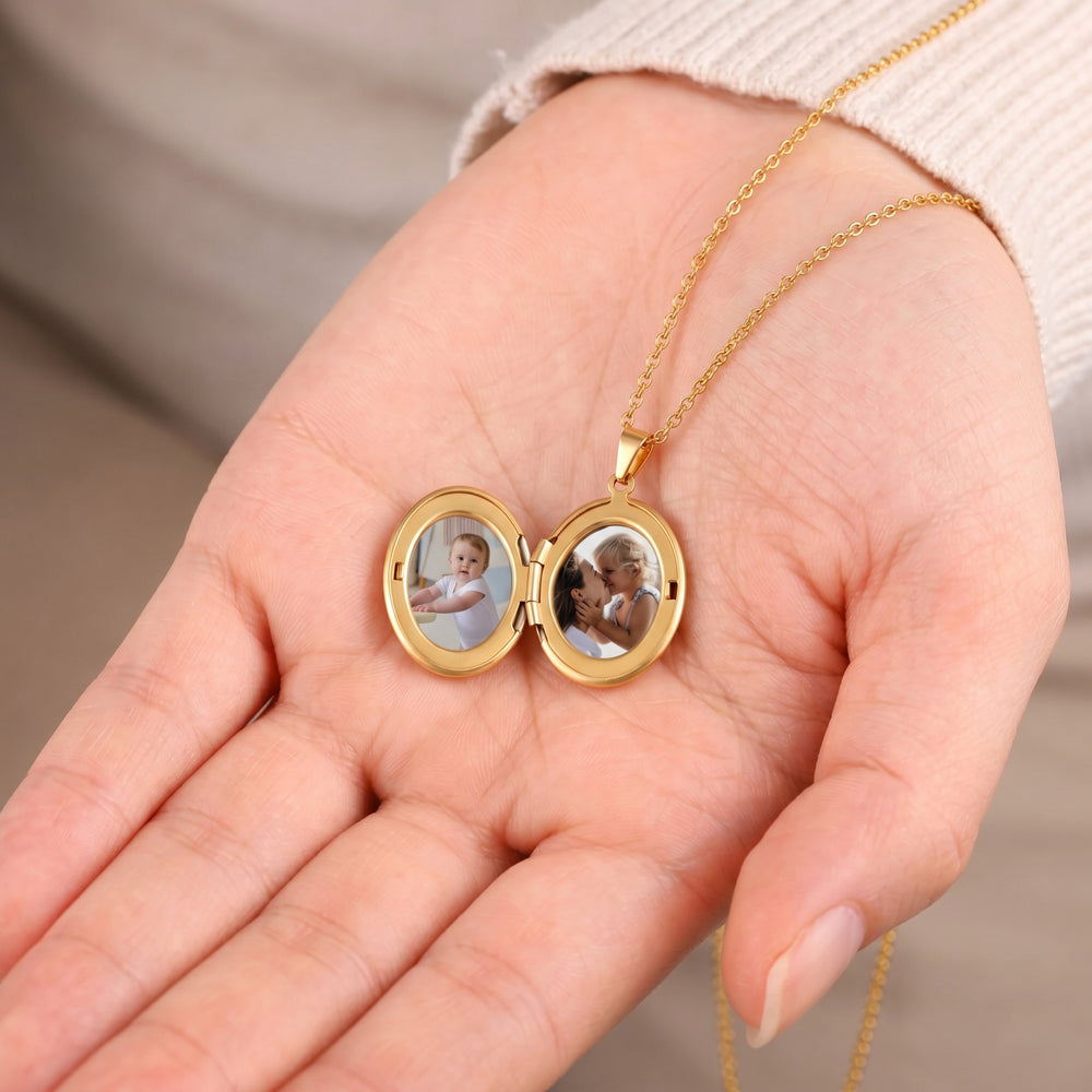 Engraved Oval Photo Locket Necklace - Gold