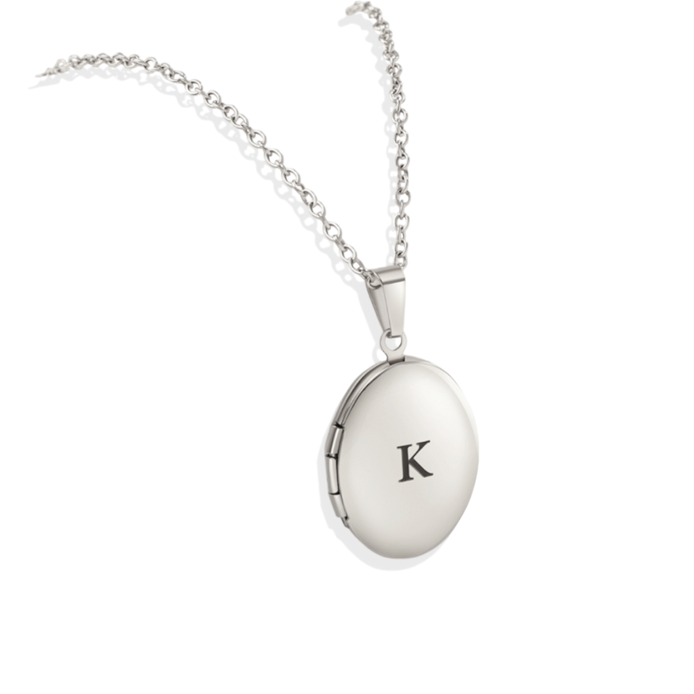 Engraved Oval Photo Locket Necklace - Silver