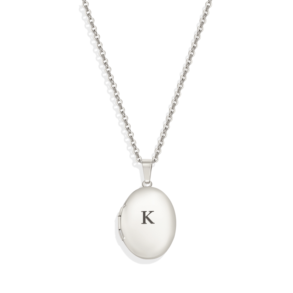 Engraved Oval Photo Locket Necklace - Silver