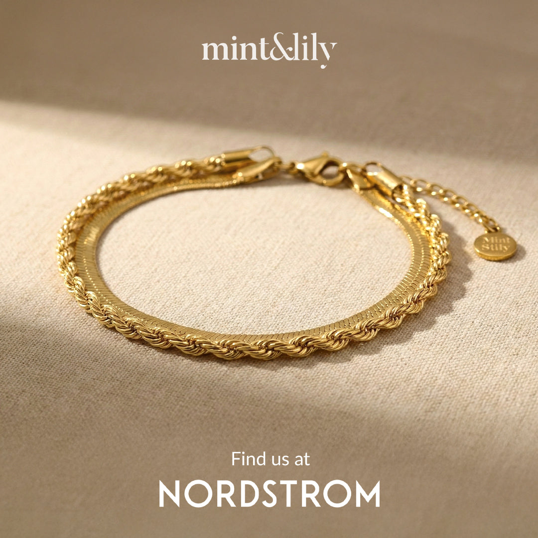 Gold bracelet on a beige background with 'mint&lily' and 'Nordstrom' text.