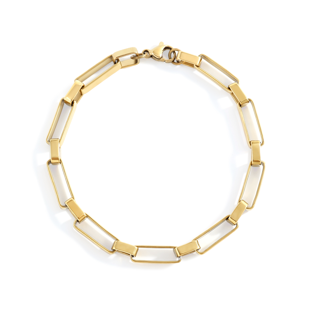 Gold and white chain bracelet on a white background