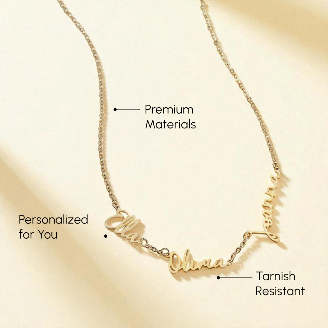 Gold necklace with personalized name on a gold background