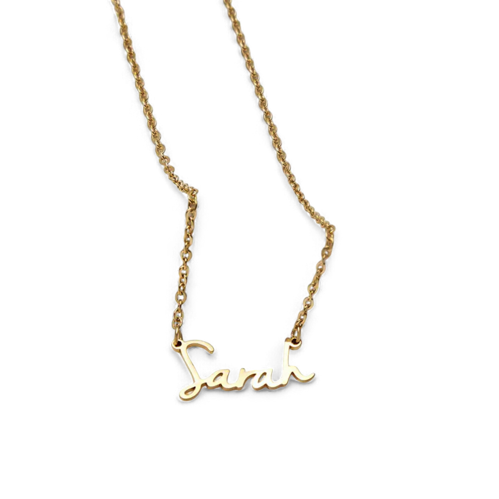 Gold necklace with 'Sarah' pendant on a clear background
