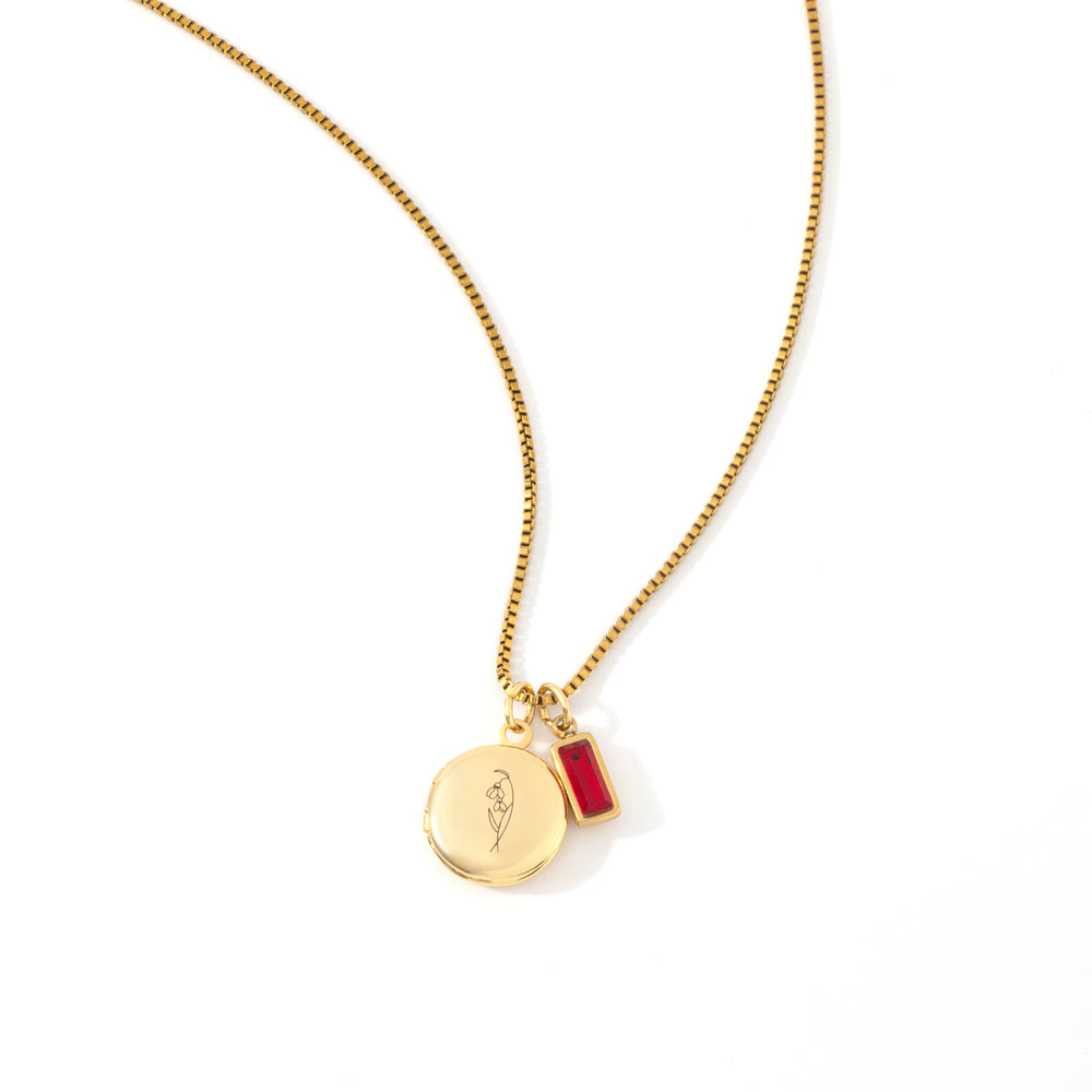 Family Birth Flower Locket Necklace with Birthstone - Gold / January Garnet