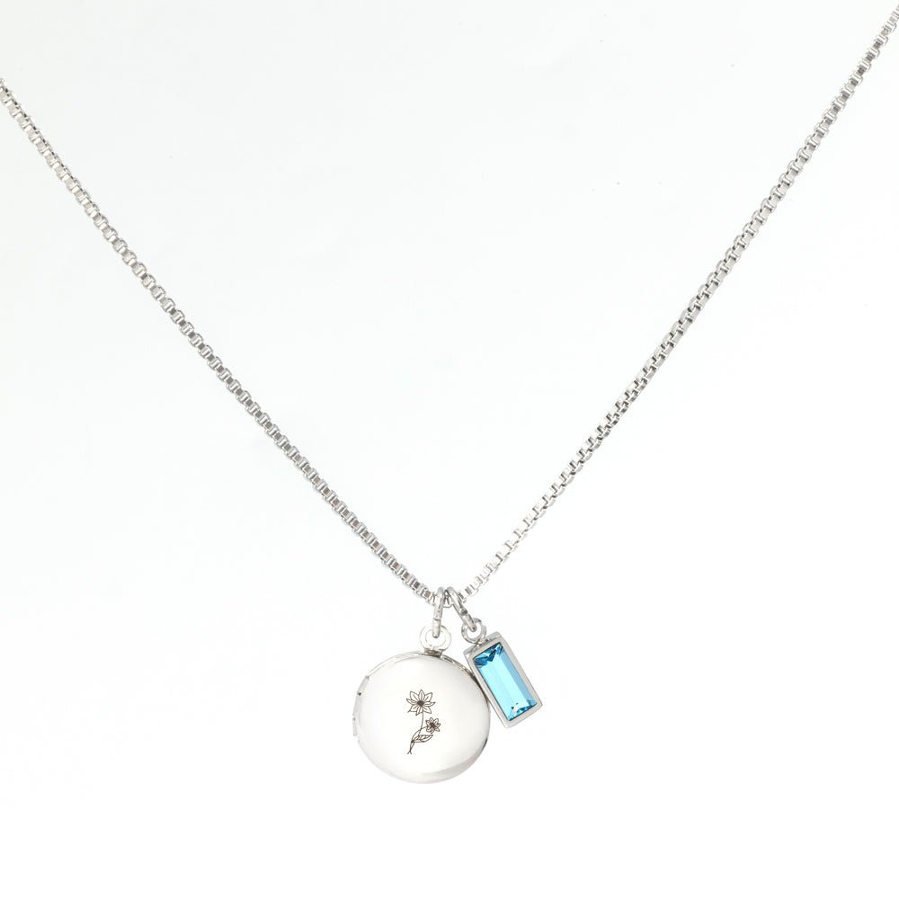 Family Birth Flower Locket Necklace with Birthstone - Silver / December Blue Topaz