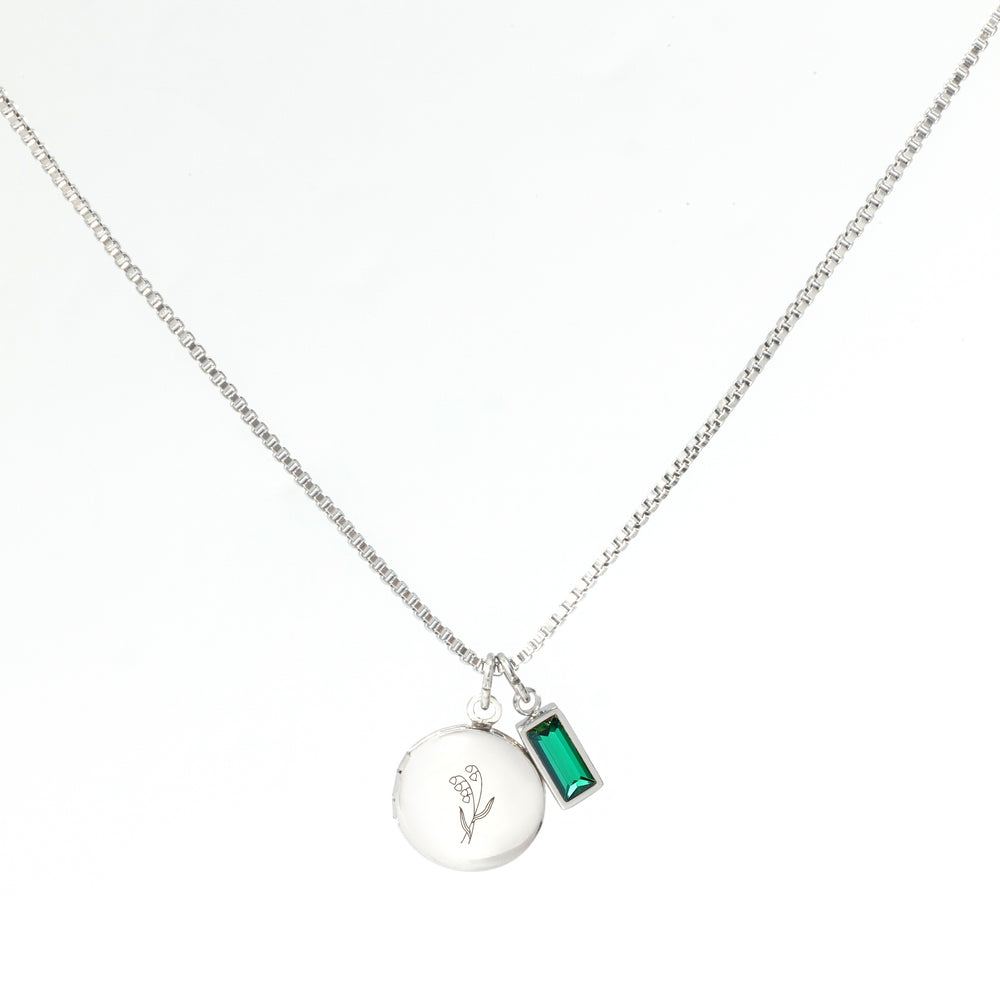 Family Birth Flower Locket Necklace with Birthstone - Silver / May Emerald
