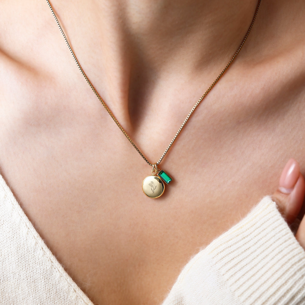 Family Birth Flower Locket Necklace with Birthstone - Silver / May Emerald