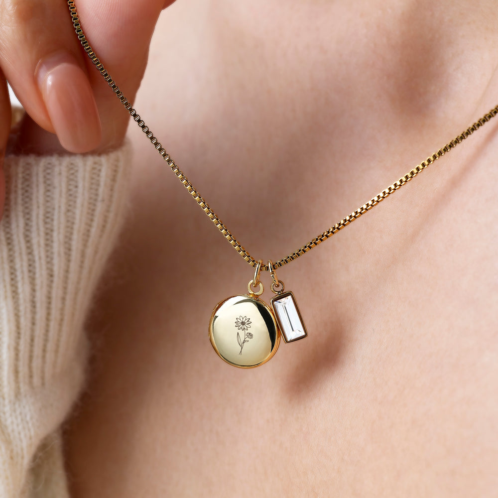 Family Birth Flower Locket Necklace with Birthstone - Gold / January Garnet