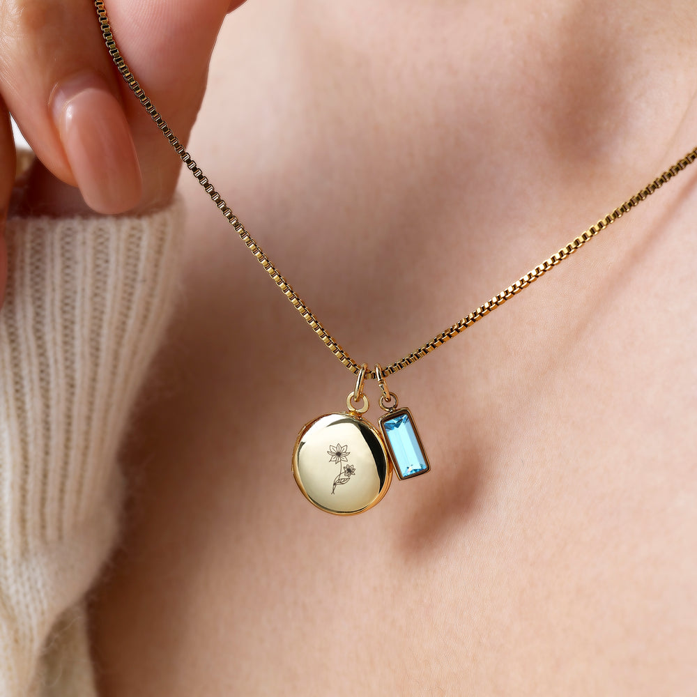 Family Birth Flower Locket Necklace with Birthstone - Silver / December Blue Topaz