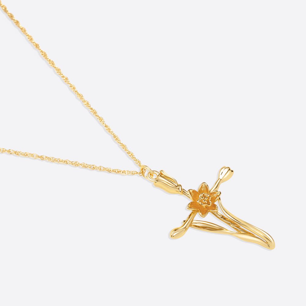 Floral Cross Pendant Necklace - March Daffodil