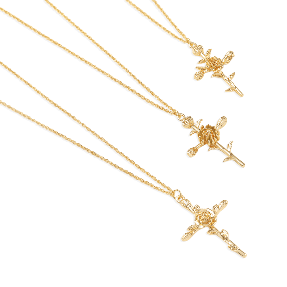 Floral Cross Pendant Necklace - January Carnation